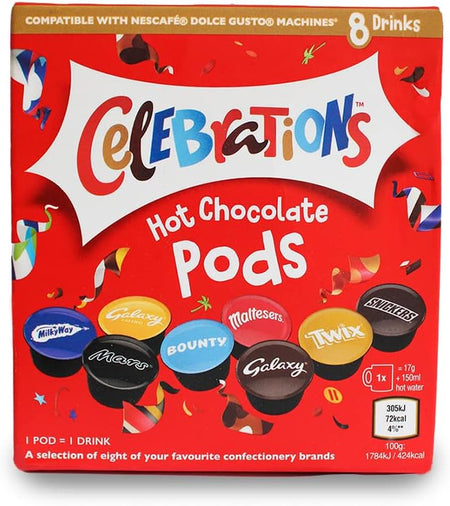 Celebrations Hot Chocolate Dolce Gusto Compatible Pods - Twix, Mars, Bounty, Snickers, Galaxy, Malteser, Milky Way & Galaxy Caramel Capsules - 1 Box, 8 Capsules