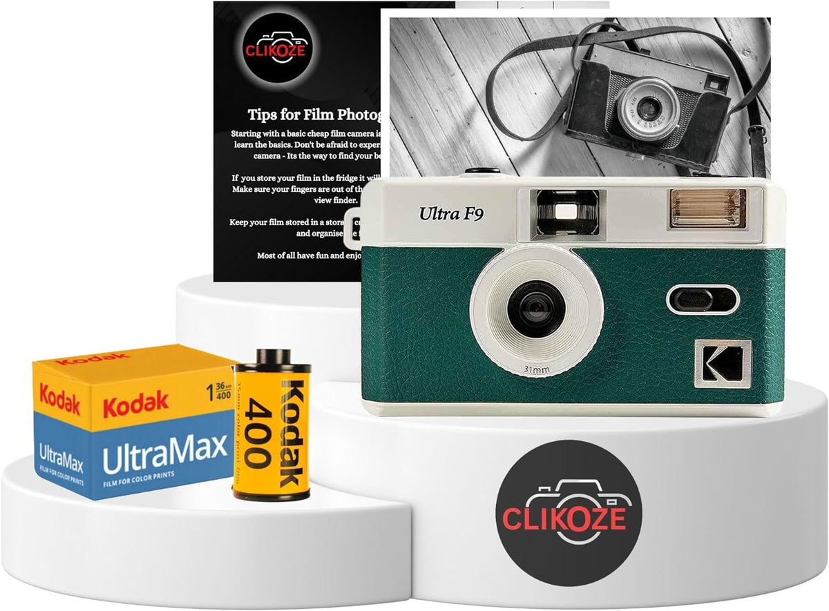 Reusable Film Camera Bundle Includes a Green Kodak Ultra F9 Film Camera, Kodak Ultramax 35Mm Film 36 Exposures and  Camera Film Photography Tips Card