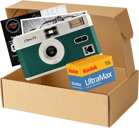 Reusable Film Camera Bundle Includes a Green Kodak Ultra F9 Film Camera, Kodak Ultramax 35Mm Film 36 Exposures and  Camera Film Photography Tips Card