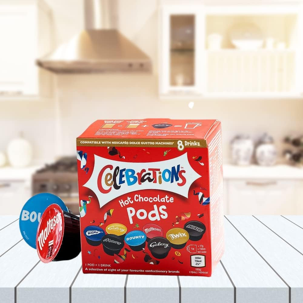 Celebrations Hot Chocolate Dolce Gusto Compatible Pods - Twix, Mars, Bounty, Snickers, Galaxy, Malteser, Milky Way & Galaxy Caramel Capsules - 1 Box, 8 Capsules