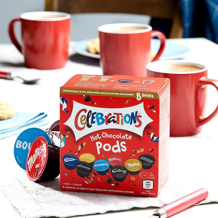 Celebrations Hot Chocolate Dolce Gusto Compatible Pods - Twix, Mars, Bounty, Snickers, Galaxy, Malteser, Milky Way & Galaxy Caramel Capsules - 1 Box, 8 Capsules