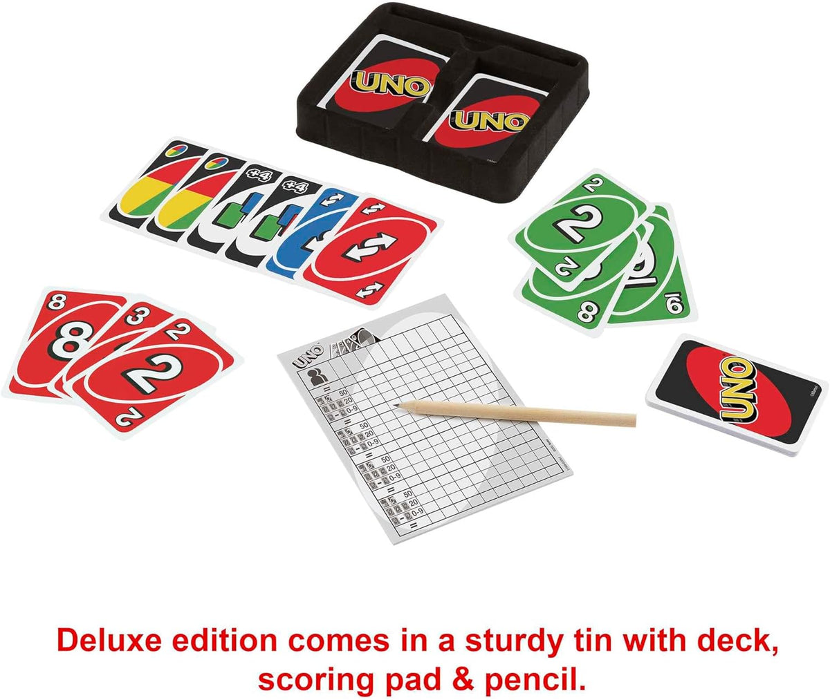 UNO Deluxe, Classic Card Game for Kids and Adults for Family Game Night, Use as a Travel Game or Engaging Gift for Kids, 2 to 10 Players, Ages 7 and Up, K0888