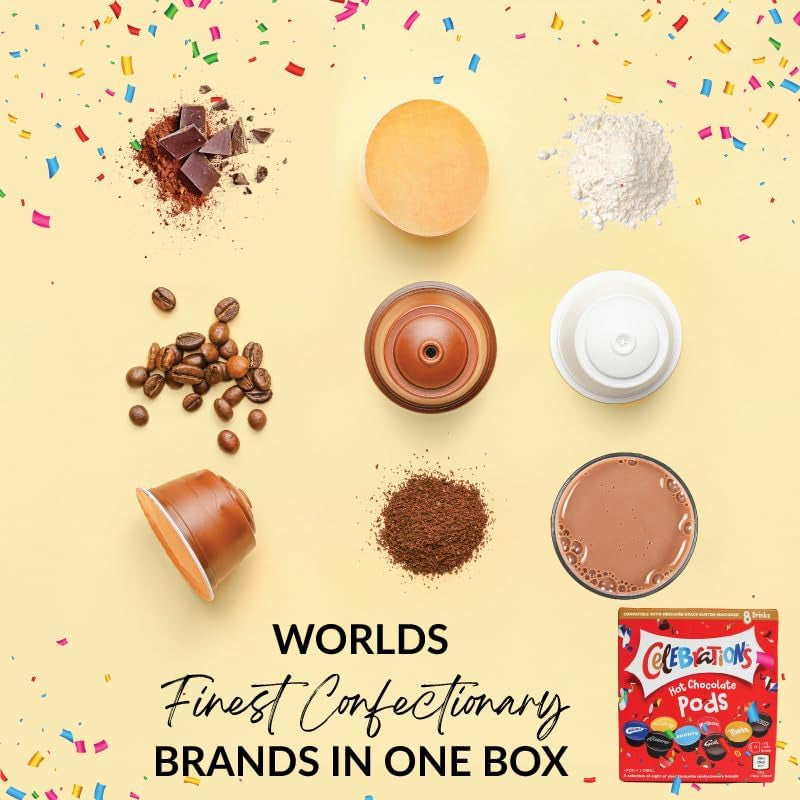 Celebrations Hot Chocolate Dolce Gusto Compatible Pods - Twix, Mars, Bounty, Snickers, Galaxy, Malteser, Milky Way & Galaxy Caramel Capsules - 1 Box, 8 Capsules