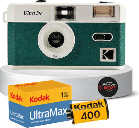 Reusable Film Camera Bundle Includes a Green Kodak Ultra F9 Film Camera, Kodak Ultramax 35Mm Film 36 Exposures and  Camera Film Photography Tips Card