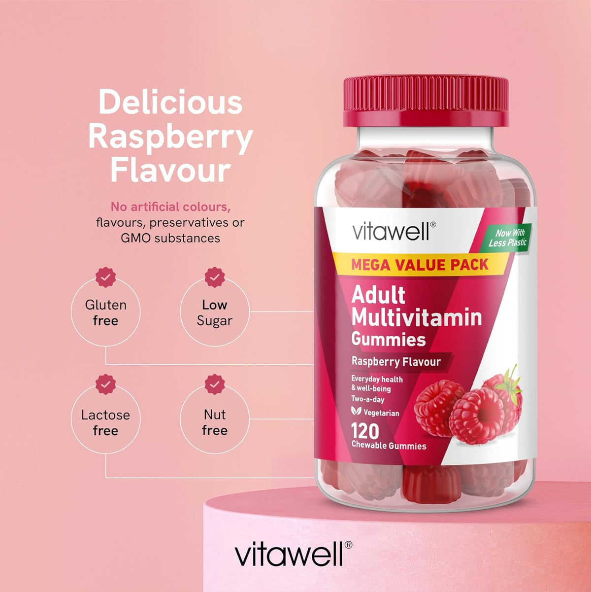 Adult Multivitamin Gummies | 120 Raspberry Flavour Gummies | Mega Pack | 2 Months’ Supply | Two a Day Chewable Adult Multivitamins | 10 Essential Adult Vitamins | by