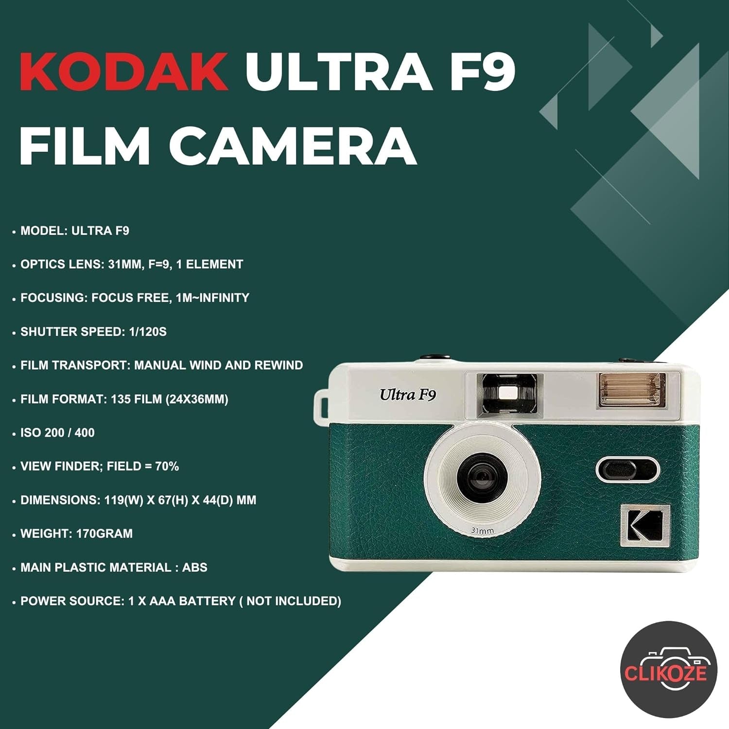 Reusable Film Camera Bundle Includes a Green Kodak Ultra F9 Film Camera, Kodak Ultramax 35Mm Film 36 Exposures and  Camera Film Photography Tips Card