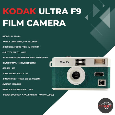 Reusable Film Camera Bundle Includes a Green Kodak Ultra F9 Film Camera, Kodak Ultramax 35Mm Film 36 Exposures and  Camera Film Photography Tips Card