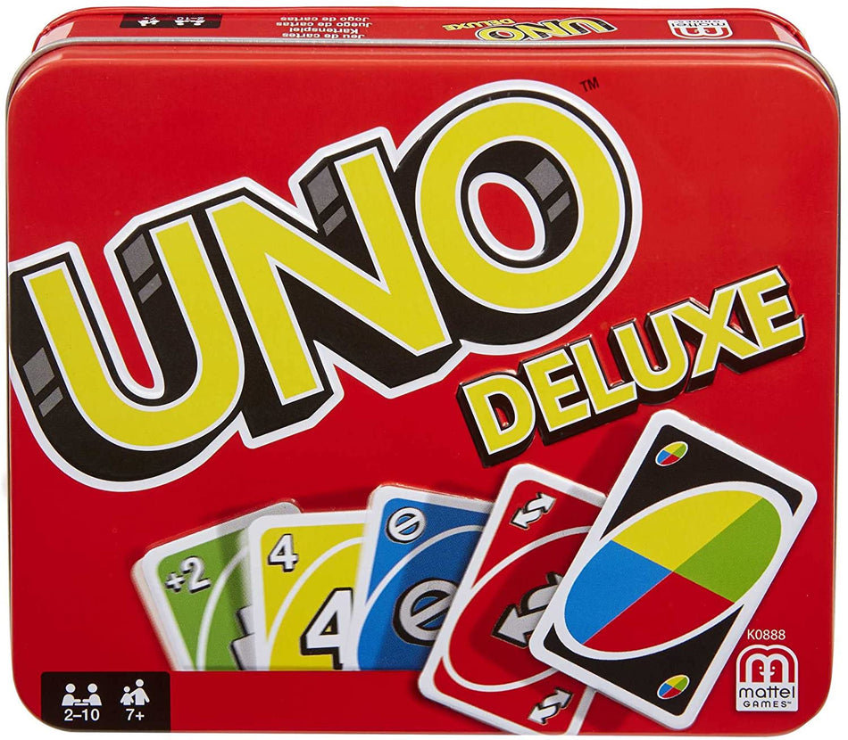 UNO Deluxe, Classic Card Game for Kids and Adults for Family Game Night, Use as a Travel Game or Engaging Gift for Kids, 2 to 10 Players, Ages 7 and Up, K0888