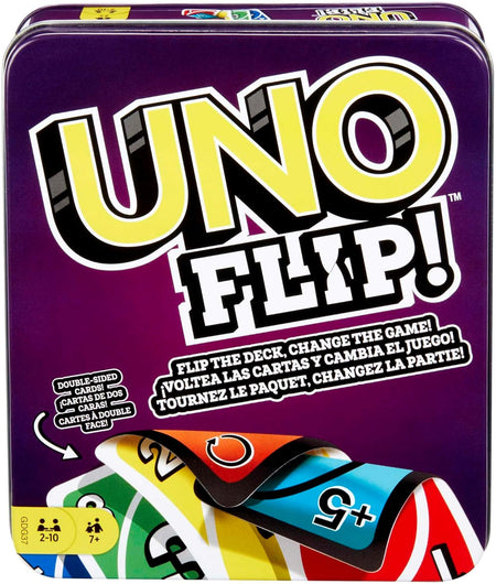 UNO FLIP! Family Card Game, with 112 Cards in a Sturdy Storage Tin, Makes a Great Gift for 7 Year Olds and Up, GDG37