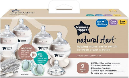 Natural Start Newborn Starter Set, 150 Ml and 260 Ml Anti-Colic Baby Bottles, Medium-Flow, Breast-Like Teats for a Natural Latch, Self-Sterilising