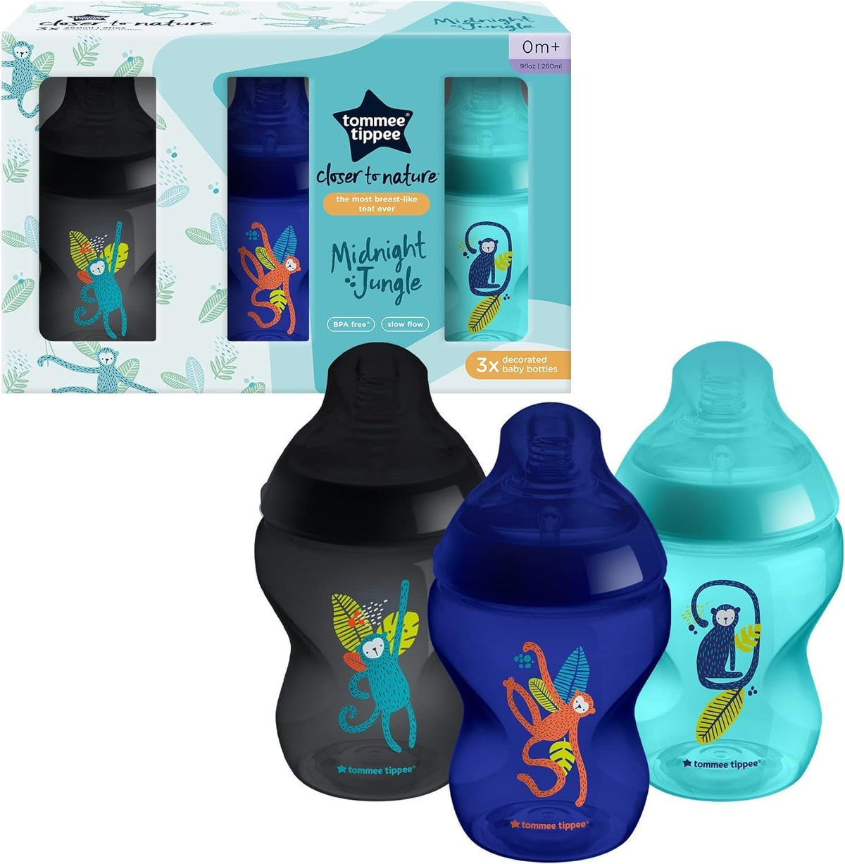 Closer to Nature Baby Bottles, Slow-Flow Breast-Like Teat with Anti-Colic Valve, 260Ml, Pack of 3, Jungle Blues